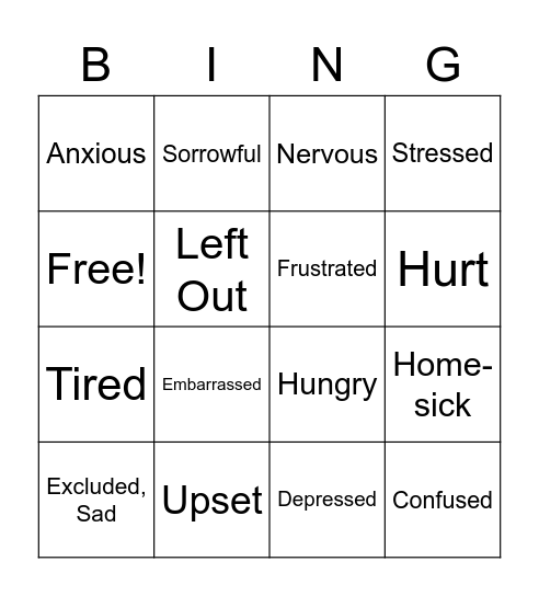 Recognizing Emotions Bingo Card