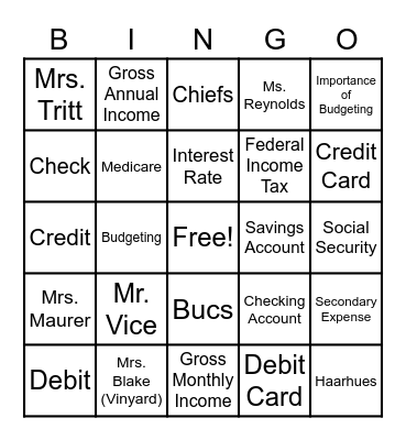 Budgeting Vocab BINGO Card