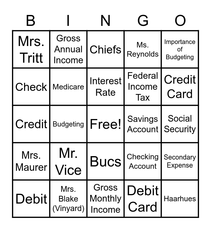 Budgeting Vocab BINGO Card