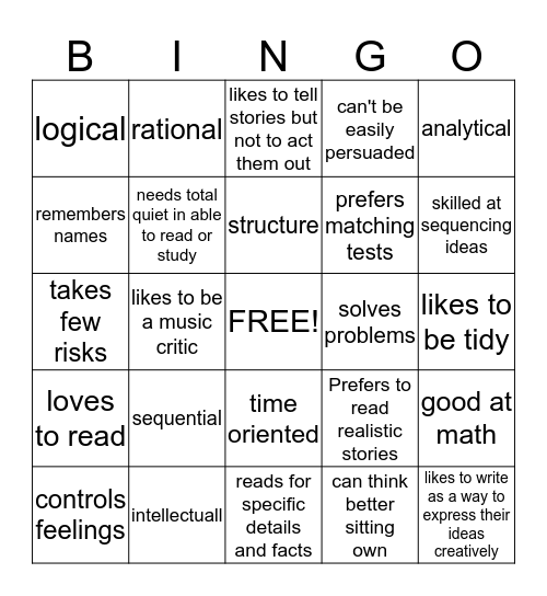 Reasons that I am left brain dominant Bingo Card