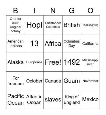 American Colonies and Review Bingo Card