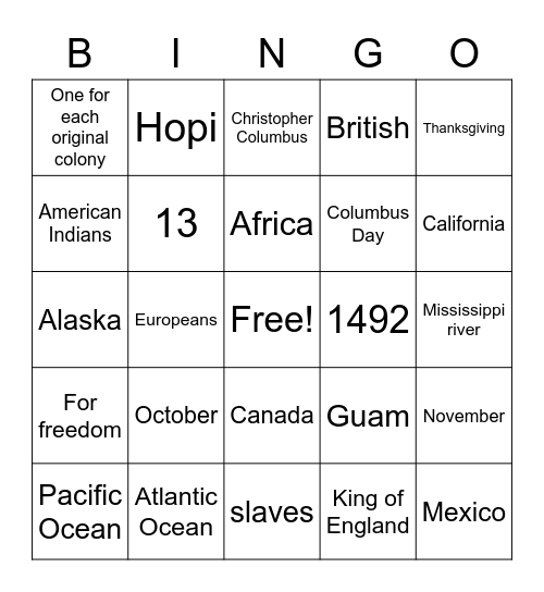 American Colonies and Review Bingo Card