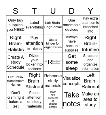 Study Skills Bingo Card