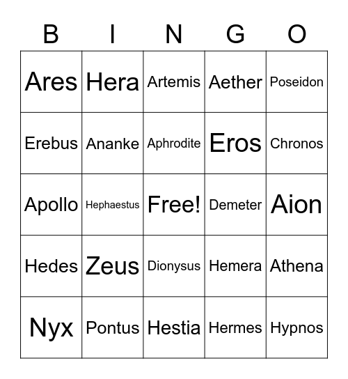 Greek Mythology Bingo Card