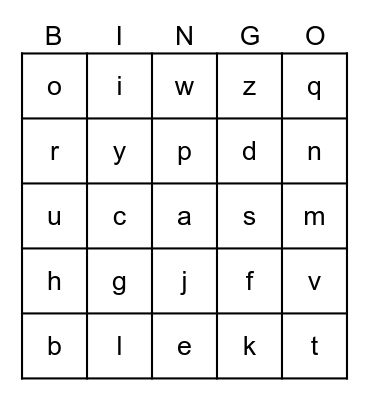 Lowercase Letters Bingo Card