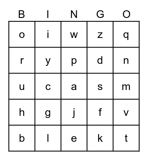 Lowercase Letters Bingo Card