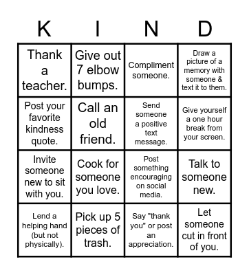 Kindness Week 2021 Bingo Card