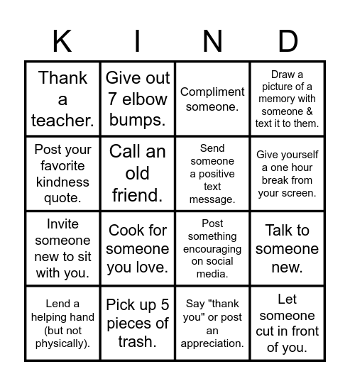 Kindness Week 2021 Bingo Card