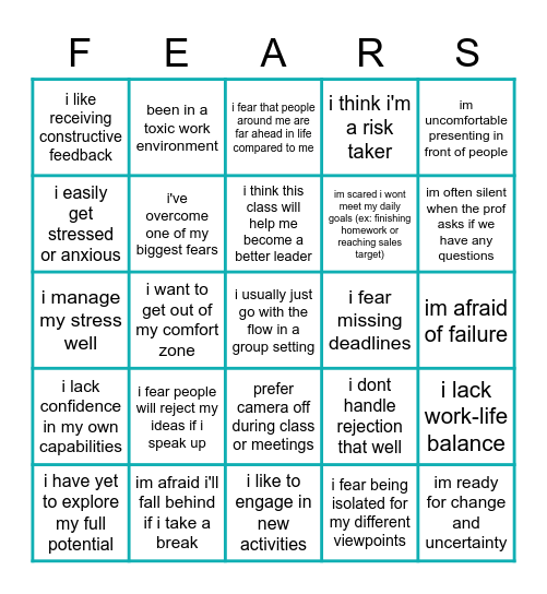 Carolyners' Game of F.E.A.R.S. Bingo Card