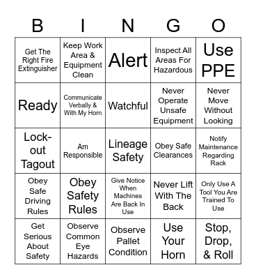 Lineage Safety Bingo Card