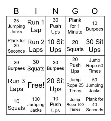 Fitness Bingo Card