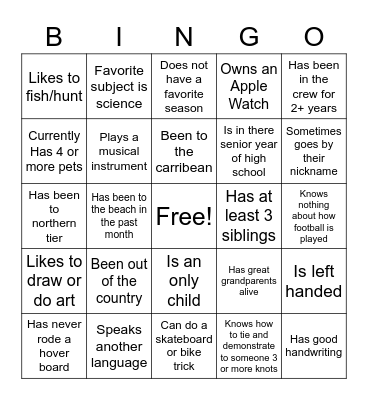 About me bingo Card