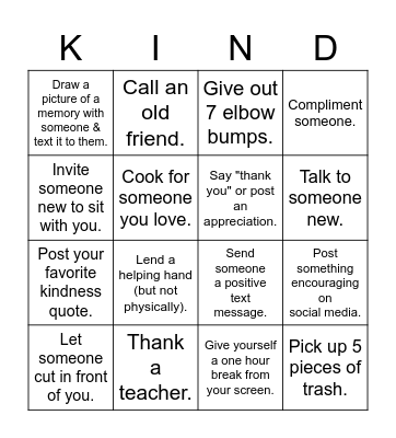 Kindness Week 2021 Bingo Card