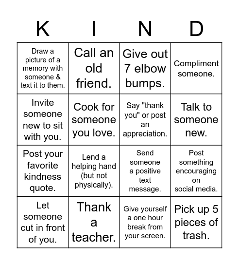 Kindness Week 2021 Bingo Card