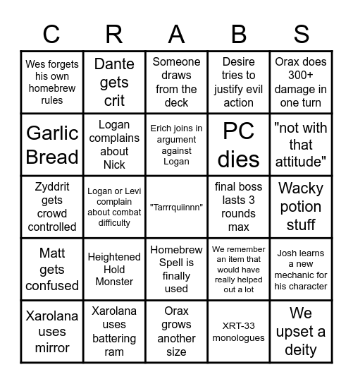 QoMT Finale Bingo Card