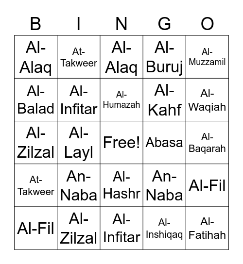 Quran Bingo (v. 3) Bingo Card