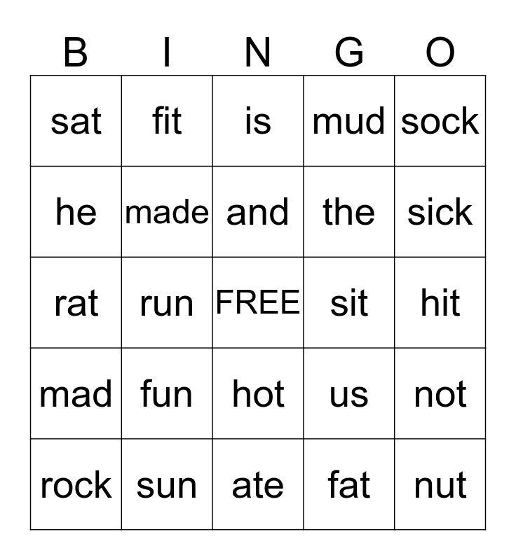 Word Bingo Card