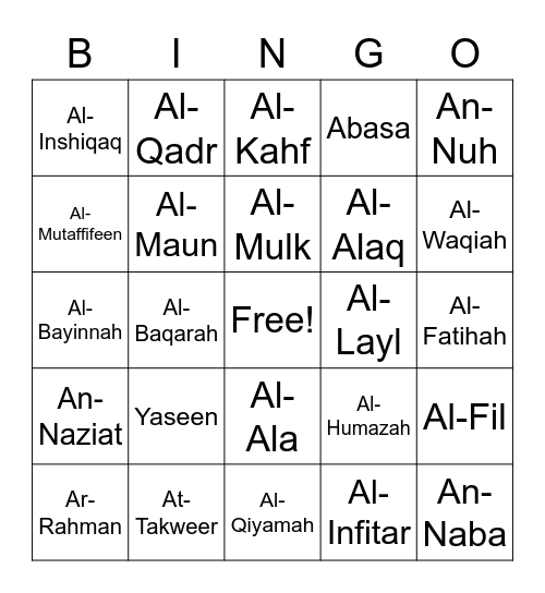 Quran Bingo (v.2) Bingo Card