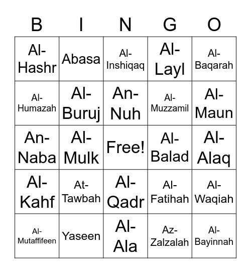 Quran Bingo (v.1) Bingo Card
