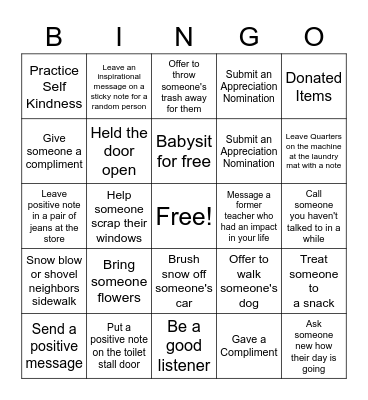 Random Acts of Kindness Bingo Card