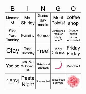Gamma Phi Beta Bingo Card