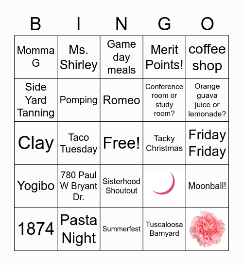 Gamma Phi Beta Bingo Card