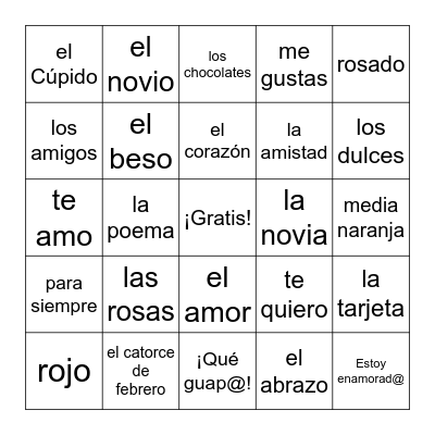 Día de Amor y Amistad Bingo Card