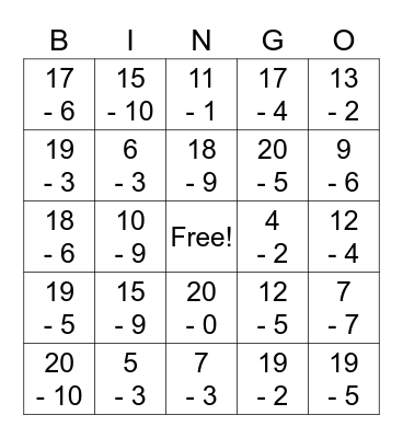 Valentine's Day Subtraction Bingo Card