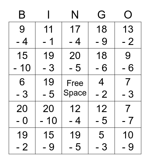 Valentine's Day Subtraction Bingo Card