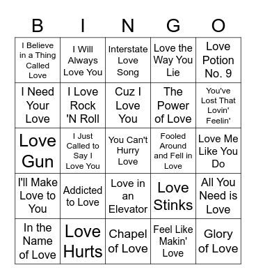 SONGS ABOUT LOVE Bingo Card