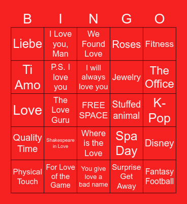 L - O - V - E Bingo Card