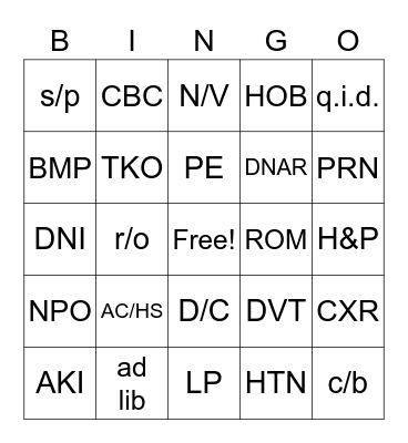 Medical Abbreviation BINGO Card
