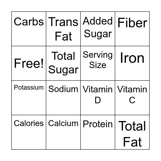 Nutrition Fact Bingo Card