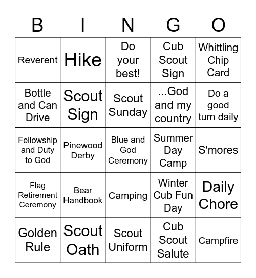 Bear Scout Bingo Card