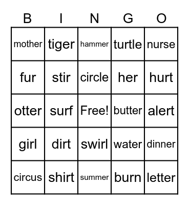 ER, IR, UR Bingo Card