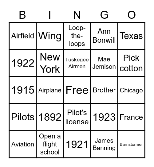 Bessie Coleman Bingo Card