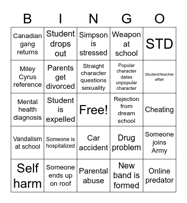 Degrassi Bingo Card