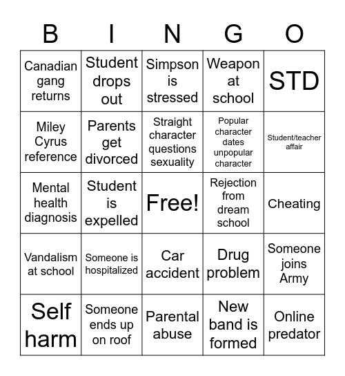 Degrassi Bingo Card