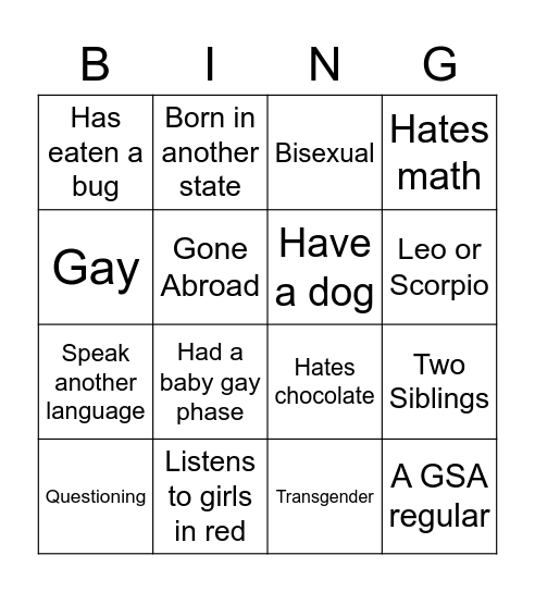 GSA Speed Dating Bingo Card