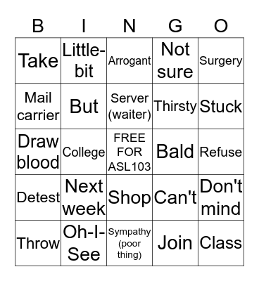ASL 101 & 102 Review Bingo Card