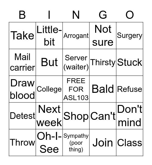 ASL 101 & 102 Review Bingo Card