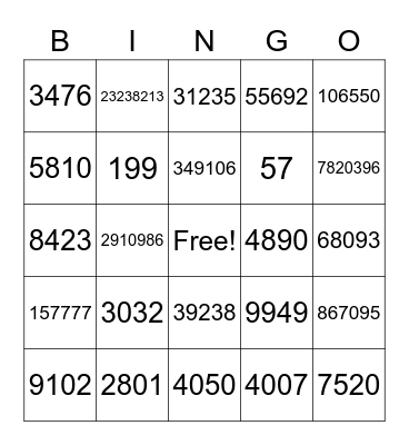 Number Bingo Card