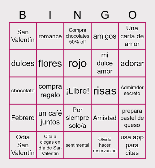 Spanish Virtual Valentine's Day Bingo Card