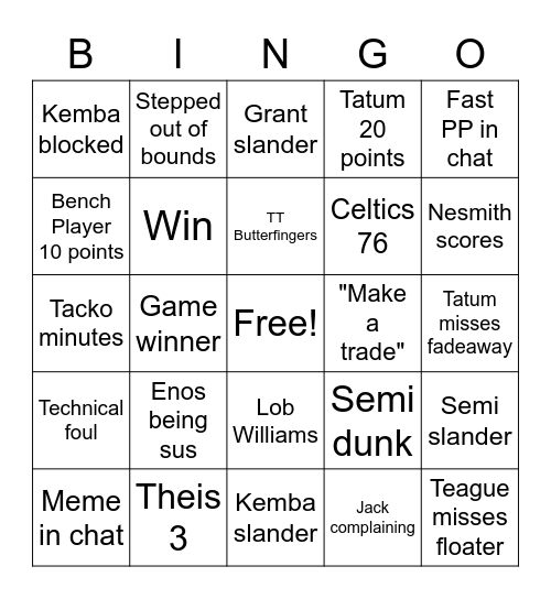 Jack isn't a Celtics fan Bingo Card