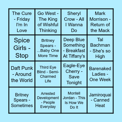 Prince Music Bingo - 90's Bingo Card