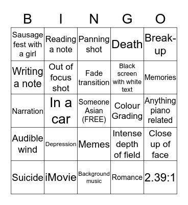24 Hour Film Festival Bingo Card