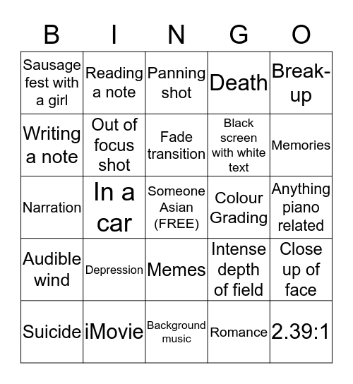 24 Hour Film Festival Bingo Card