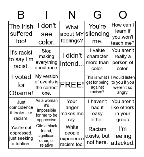 Progressive White Privilege  Bingo Card