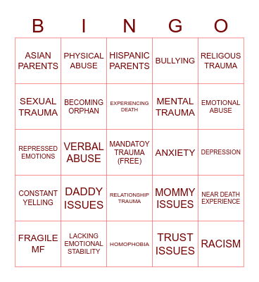 TRAUMA BINGO Card