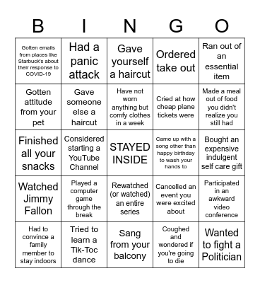 Social Distancing Bingo Card